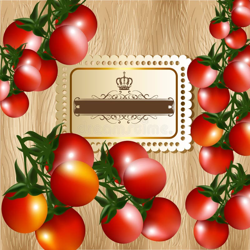 Het ontwerp van de banner met kersentomaat en houten textuur royalty-vrije illustratie Het ontwerp van de banner met kersentomaat en houten textuur royalty-vrije illustratie