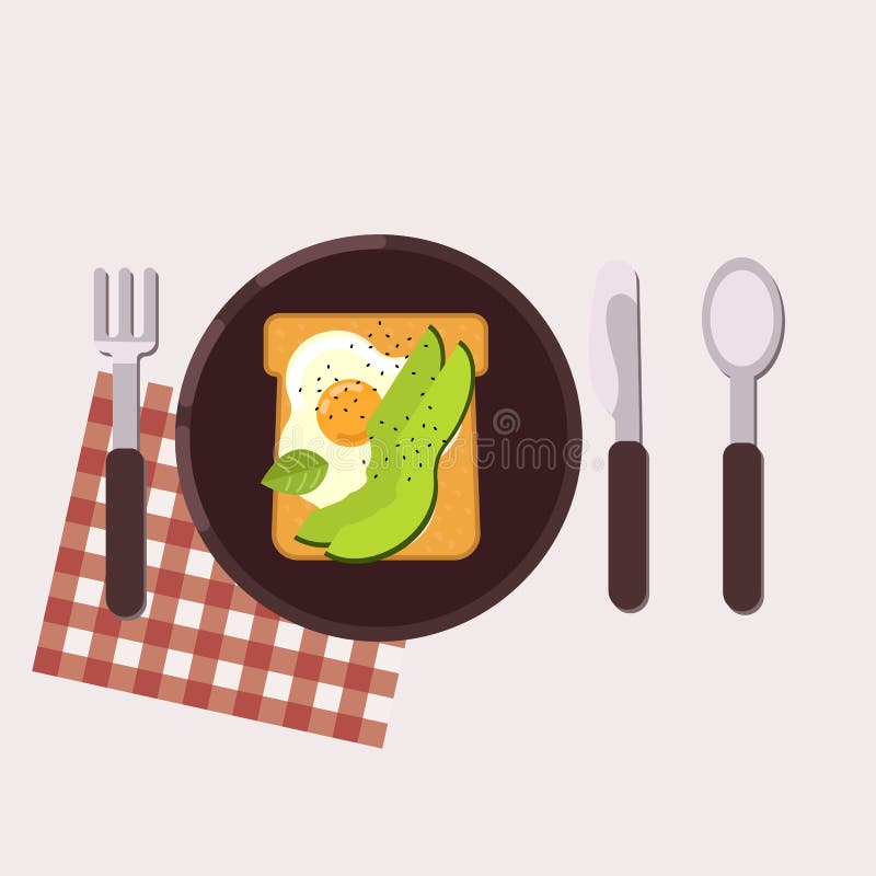 De toost met gebraden ei en avocado diende op een plaat met vork, mes, lepel en servet Gezond voedsel Vector illustratie vector illustratie De toost met gebraden ei en avocado diende op een plaat met vork, mes, lepel en servet Gezond voedsel Vector illustratie vector illustratie