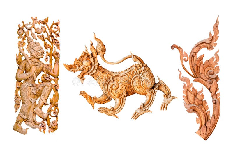 De traditionele Thaise leeuw van het stijlpatroon of singha en de koning van reus, bloemhout snijden op witte achtergrond royalty-vrije stock foto De traditionele Thaise leeuw van het stijlpatroon of singha en de koning van reus, bloemhout snijden op witte achtergrond royalty-vrije stock foto