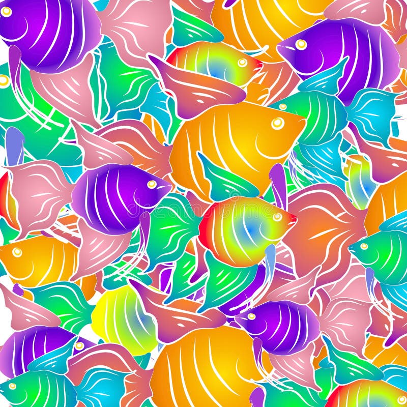 A beautiful and colorful arrangement of tropical fish casually placed to create a background pattern with white outlines. A beautiful and colorful arrangement of tropical fish casually placed to create a background pattern with white outlines.