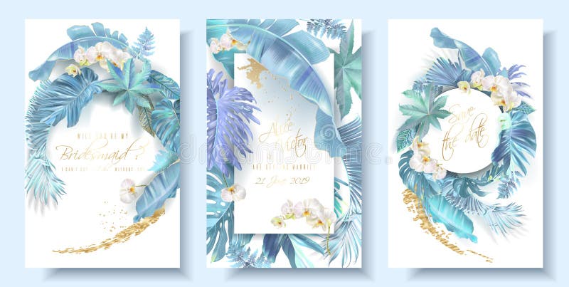 De tropische blauwe bladeren en kaarten van het orchideehuwelijk stock illustratie De tropische blauwe bladeren en kaarten van het orchideehuwelijk stock illustratie