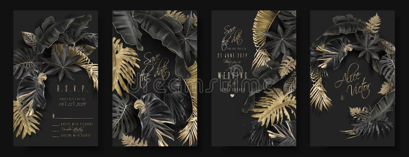 Vector vertical wedding invitation cards set with black and gold tropical leaves on dark background. Luxury exotic botanical design for wedding ceremony. Can be used for cosmetics, spa, beauty salon. Vector vertical wedding invitation cards set with black and gold tropical leaves on dark background. Luxury exotic botanical design for wedding ceremony. Can be used for cosmetics, spa, beauty salon