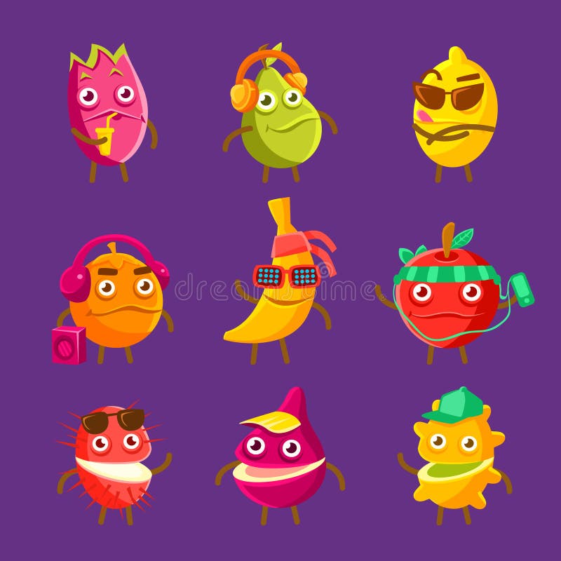 De tropische Karakters van het Fruit Koele Beeldverhaal op Vakantiereeks Kleurrijke Stickers met Vermenselijkte Voedselpunten vector illustratie De tropische Karakters van het Fruit Koele Beeldverhaal op Vakantiereeks Kleurrijke Stickers met Vermenselijkte Voedselpunten vector illustratie