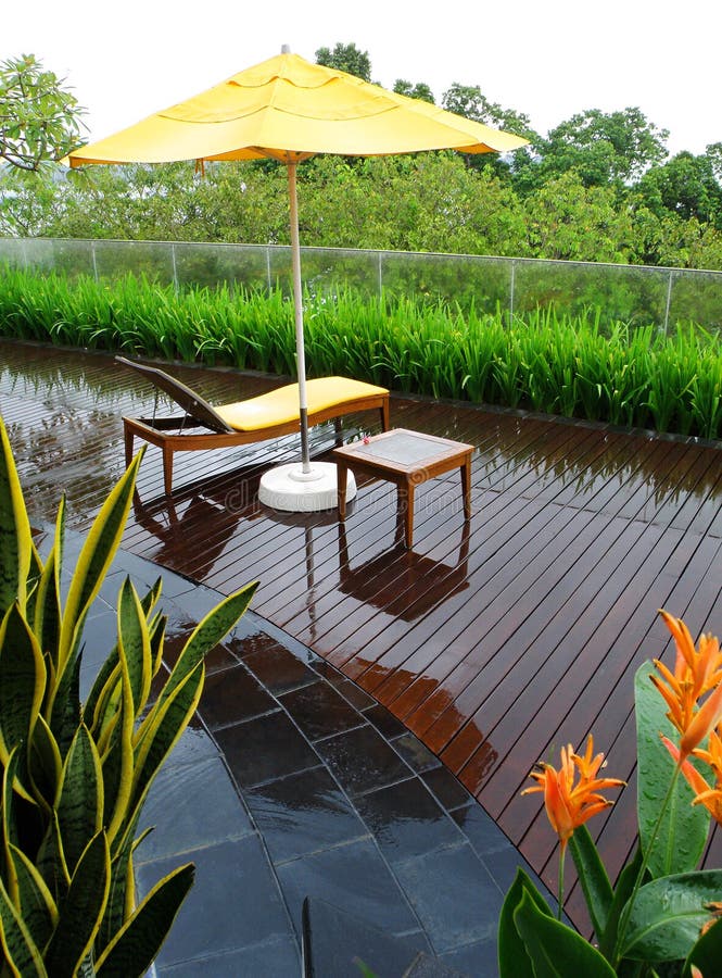De tuin van het terras na regen De tuin van het terras na regen