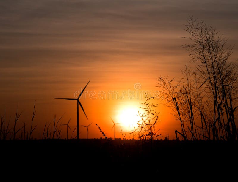 Silhouette wind turbine and grass field with twilight and sunset background. Select focus shallow depth of field. Silhouette wind turbine and grass field with twilight and sunset background. Select focus shallow depth of field