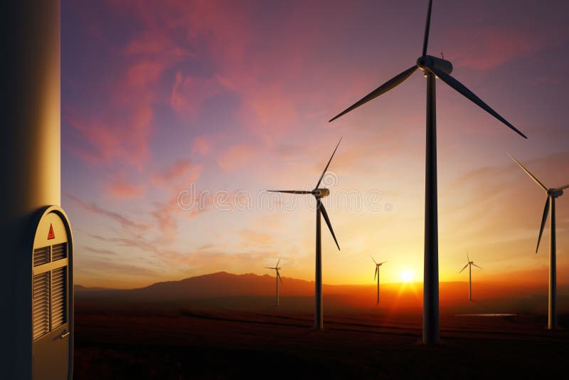 De turbines van de wind bij zonsondergang royalty-vrije illustratie De turbines van de wind bij zonsondergang royalty-vrije illustratie
