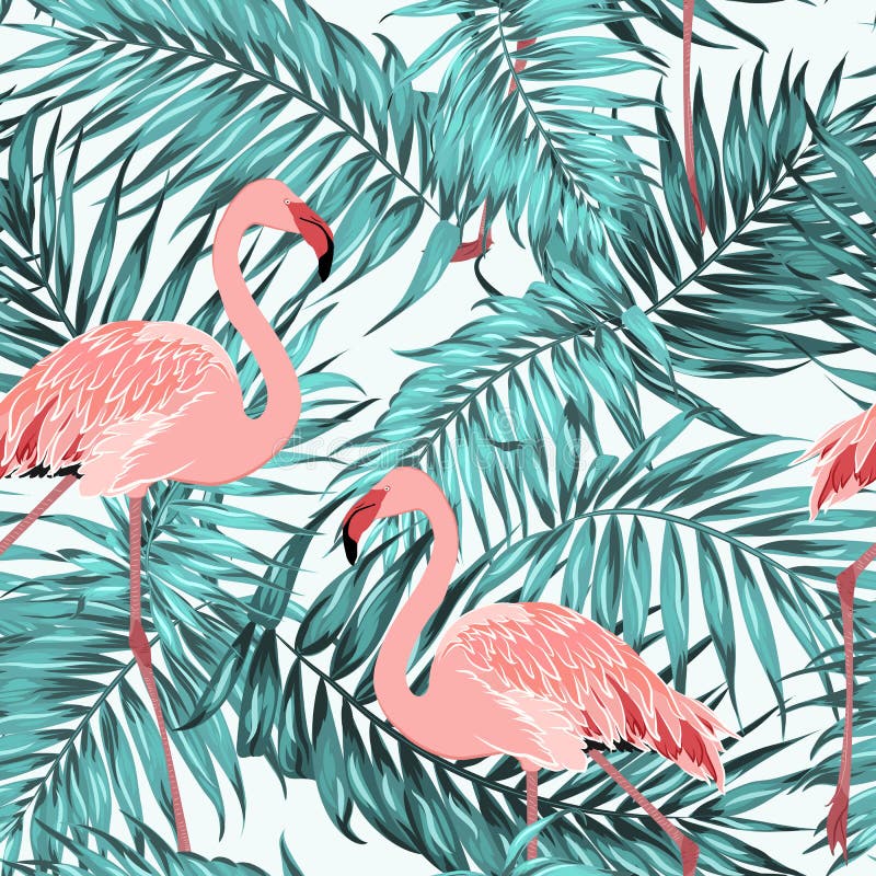 De turkooise tropische wildernis verlaat roze flamingo's stock illustratie De turkooise tropische wildernis verlaat roze flamingo's stock illustratie