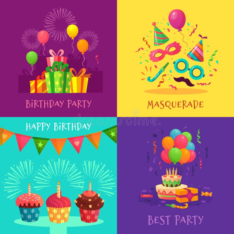 De uitnodigingskaarten van de beeldverhaalpartij De maskers van vieringscarnaval, de decoratie van de verjaardagspartij en kleurr vector illustratie De uitnodigingskaarten van de beeldverhaalpartij De maskers van vieringscarnaval, de decoratie van de verjaardagspartij en kleurr vector illustratie