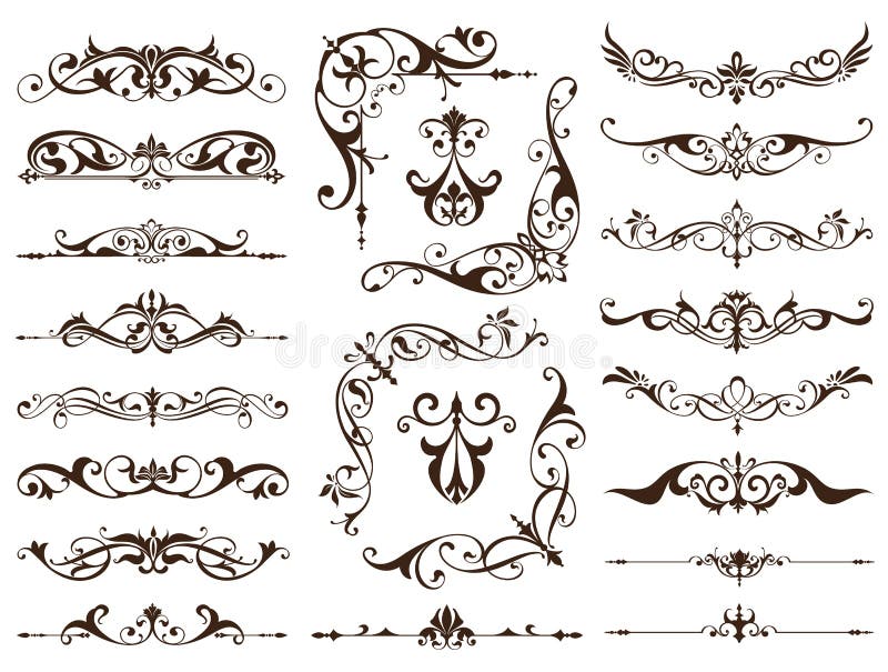 De uitstekende kaders, hoeken, grenzen met gevoelige wervelingen in de decoratie en het ontwerp van Art Nouveau werkt met bloemen stock illustratie De uitstekende kaders, hoeken, grenzen met gevoelige wervelingen in de decoratie en het ontwerp van Art Nouveau werkt met bloemen stock illustratie