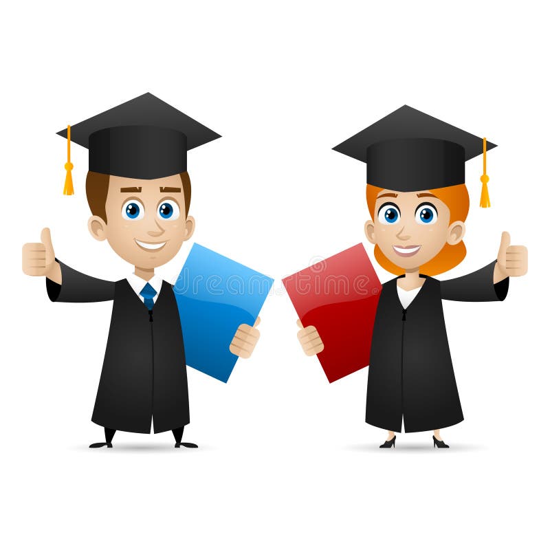 De universiteit van het kerelmeisje behaalt toont duimen een diploma vector illustratie De universiteit van het kerelmeisje behaalt toont duimen een diploma vector illustratie