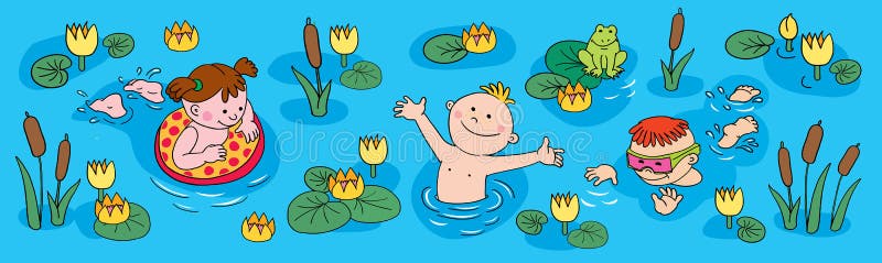 Summer vacation. Children are swiming in the lake small cartoon vector illustration. Summer vacation. Children are swiming in the lake small cartoon vector illustration