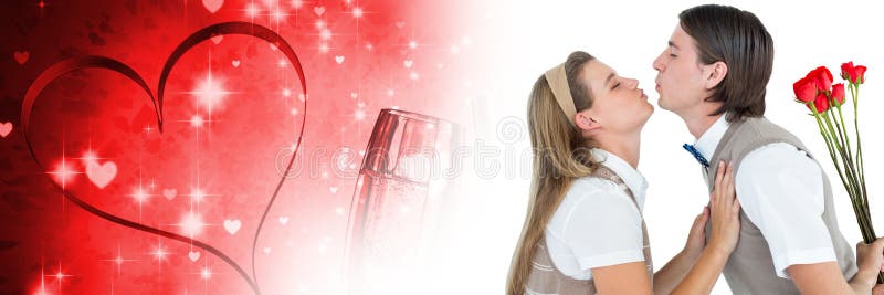 Digital composite of Valentines couple holding roses with love heart background. Digital composite of Valentines couple holding roses with love heart background