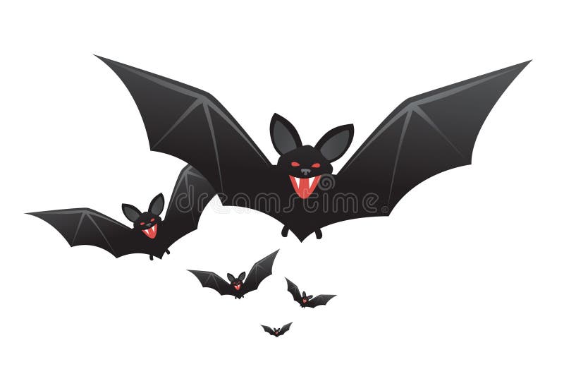 Vector illustration of black vampire bats with fangs and red eyes flying in Halloween eve. Vector illustration of black vampire bats with fangs and red eyes flying in Halloween eve