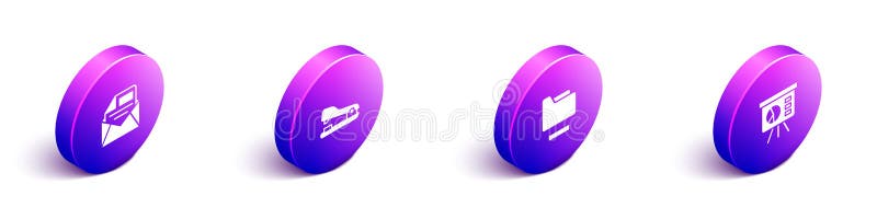 De vastgestelde isometrische post en e-mail stapler documentomslag en raad met grafiekpictogram. vector royalty-vrije illustratie