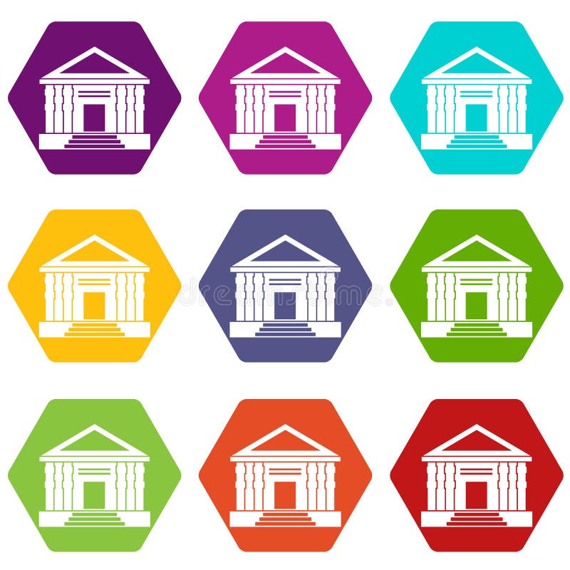 Colonnade icon set many color hexahedron isolated on white vector illustration. Colonnade icon set many color hexahedron isolated on white vector illustration
