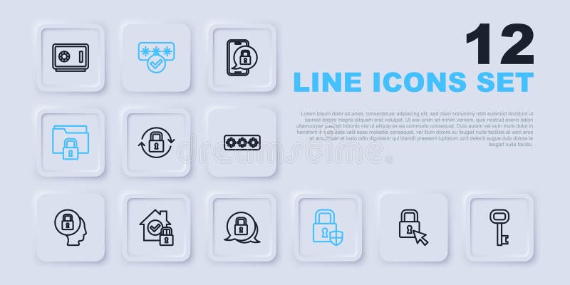 Set line Lock Old key Shield security with lock Folder and House under protection Password and icon. Vector. Set line Lock Old key Shield security with lock Folder and House under protection Password and icon. Vector.