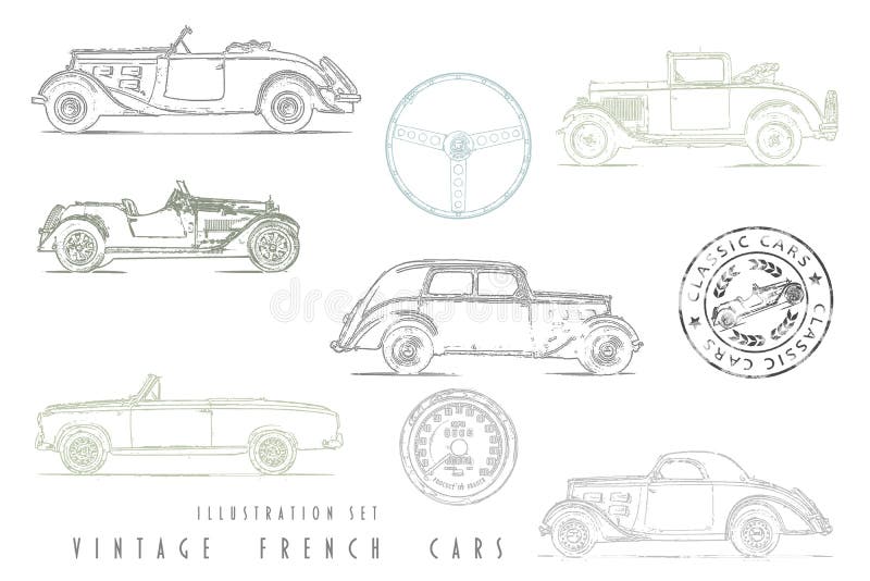 De Vastgestelde Uitstekende Franse auto's van de illustratie stock illustratie De Vastgestelde Uitstekende Franse auto's van de illustratie stock illustratie
