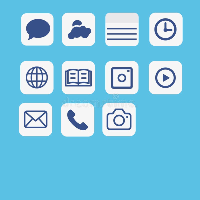 De vastgestelde vector van de pictogrammentoepassing Het pictogram van verschillende media die op blauw wordt geplaatst royalty-vrije illustratie De vastgestelde vector van de pictogrammentoepassing Het pictogram van verschillende media die op blauw wordt geplaatst royalty-vrije illustratie