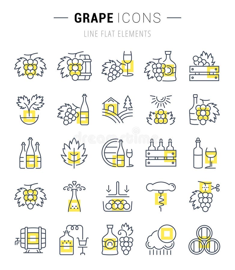 De vastgestelde Vector Vlakke Druif van Lijnpictogrammen stock illustratie De vastgestelde Vector Vlakke Druif van Lijnpictogrammen stock illustratie