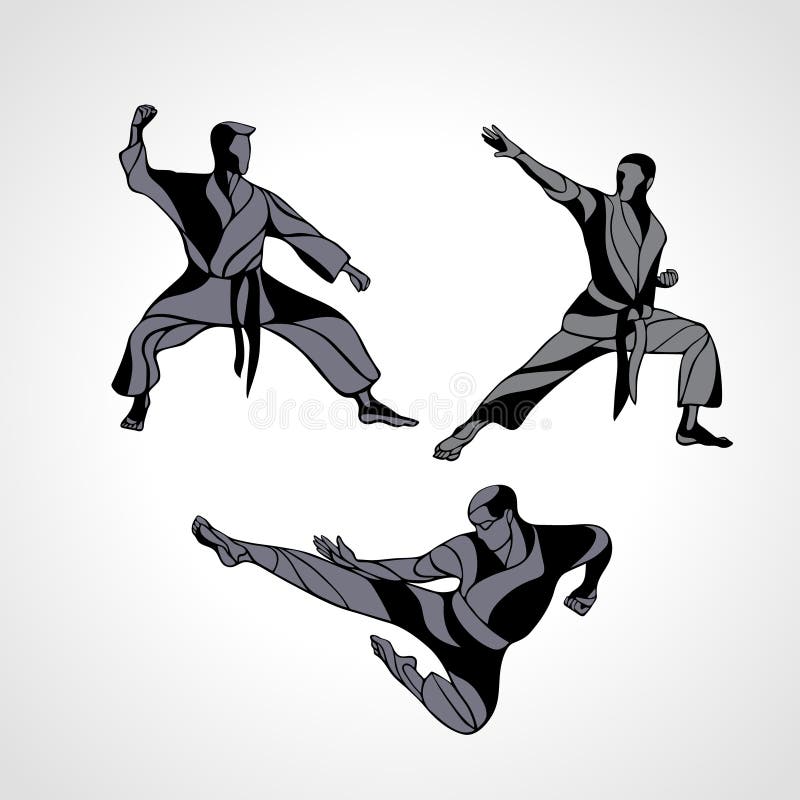 Men in a karate pose. Martial arts silhouette set. Detailed vector illustration of a martial arts masters. Men in a karate pose. Martial arts silhouette set. Detailed vector illustration of a martial arts masters