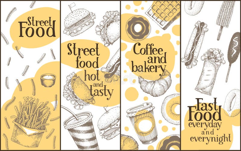 De vector geplaatste banners van het straatvoedsel Hand getrokken illustraties in uitstekende schetsstijl Kan gebruik voor snel v stock illustratie De vector geplaatste banners van het straatvoedsel Hand getrokken illustraties in uitstekende schetsstijl Kan gebruik voor snel v stock illustratie