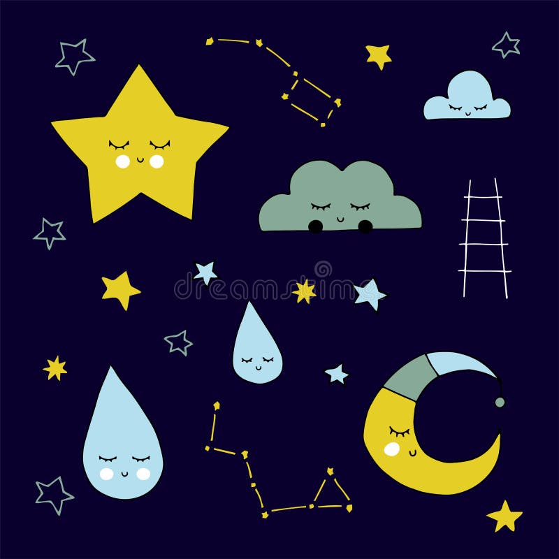 De vector getrokken hand isoleerde hemelelementen, wolken en constellaties, maan en sterren royalty-vrije illustratie De vector getrokken hand isoleerde hemelelementen, wolken en constellaties, maan en sterren royalty-vrije illustratie