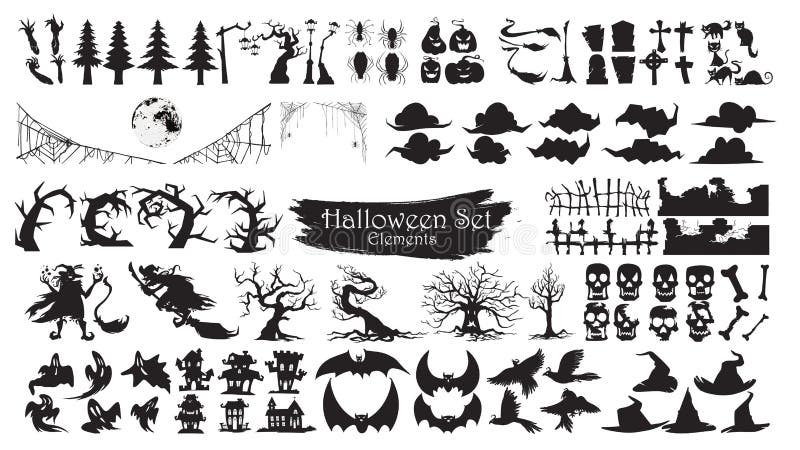 De Vector geïsoleerde Inzameling van griezelige Halloween-Silhouetelementen vector illustratie De Vector geïsoleerde Inzameling van griezelige Halloween-Silhouetelementen vector illustratie