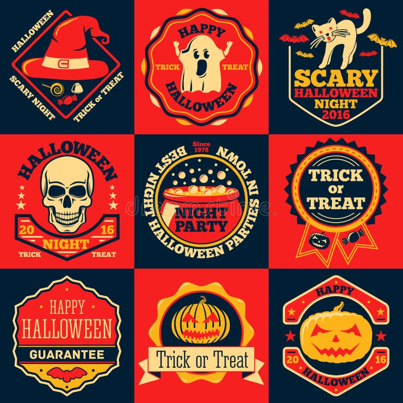 De vector heldere die etiketten van Halloween worden geplaatst met - spook, heksenhoed, schedel, kat, pompoen, ketel enz.
