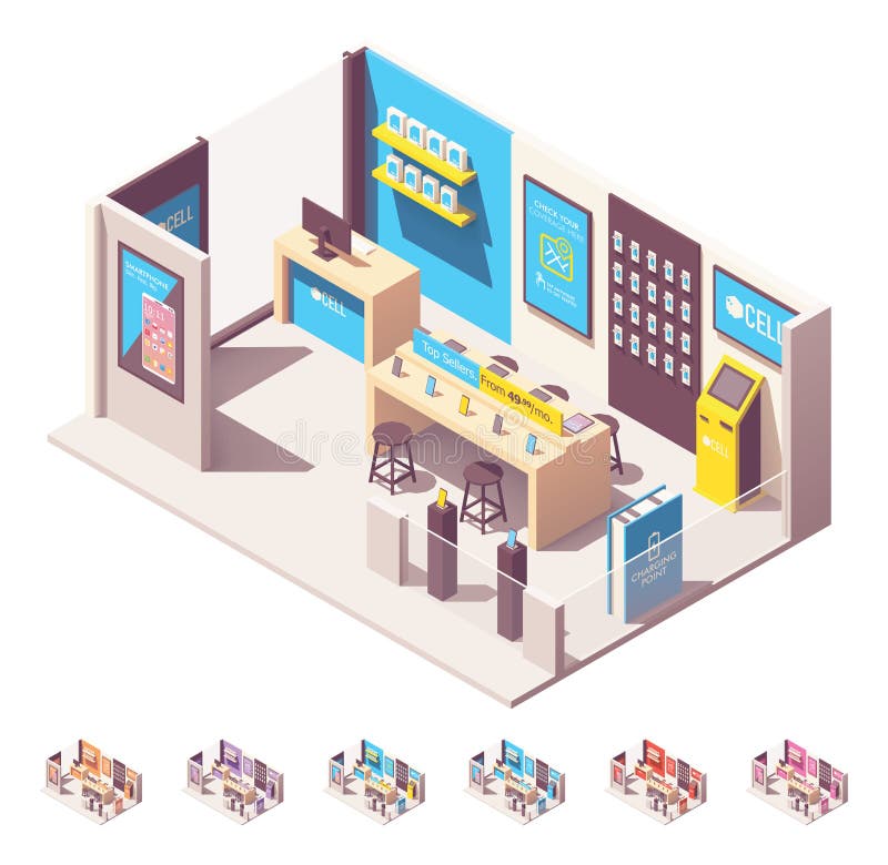 De vector isometrische mobiele winkel van de telefoonexploitant royalty-vrije illustratie De vector isometrische mobiele winkel van de telefoonexploitant royalty-vrije illustratie