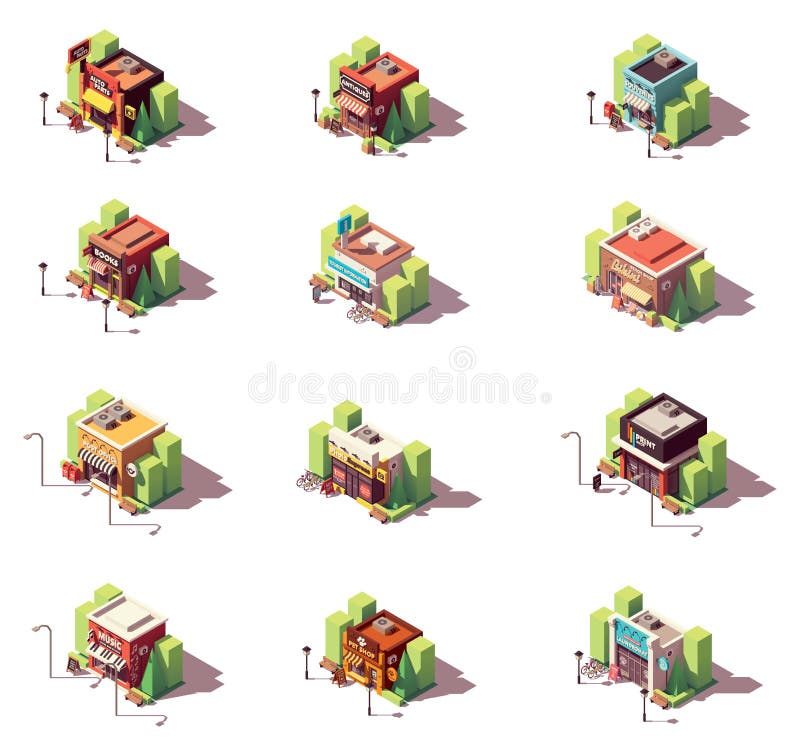 De vector isometrische reeks van het winkelspictogram stock illustratie De vector isometrische reeks van het winkelspictogram stock illustratie