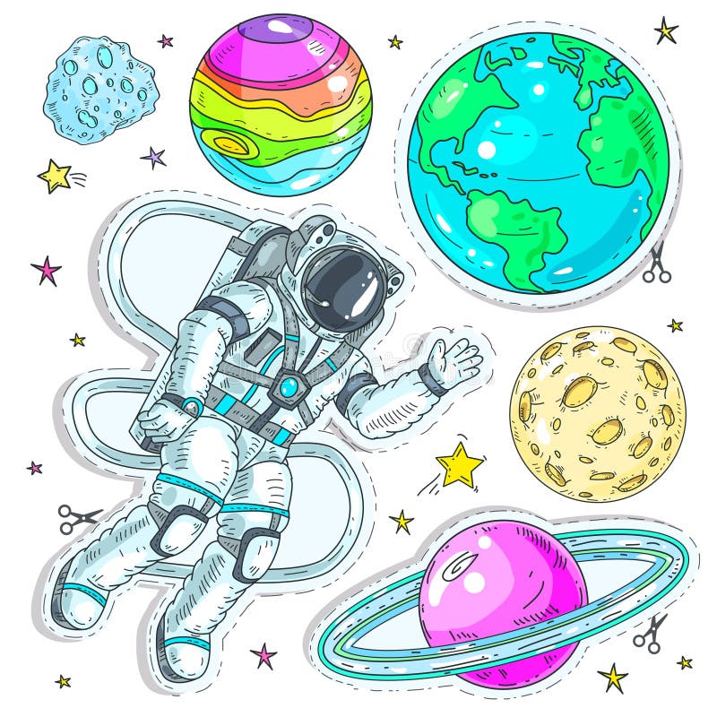 De vector kleurrijke die pictogrammen van de illustratie grappige stijl, de ruimtevaarder van de stickersastronaut vliegt in ruim vector illustratie De vector kleurrijke die pictogrammen van de illustratie grappige stijl, de ruimtevaarder van de stickersastronaut vliegt in ruim vector illustratie