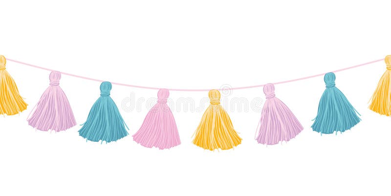 Vector Colorful Pastel Hanging Decorative Tassels With Ropes Horizontal Seamless Repeat Border Pattern. Great for handmade cards, invitations, wallpaper, packaging, nursery designs. Surface pattern design. Vector Colorful Pastel Hanging Decorative Tassels With Ropes Horizontal Seamless Repeat Border Pattern. Great for handmade cards, invitations, wallpaper, packaging, nursery designs. Surface pattern design.