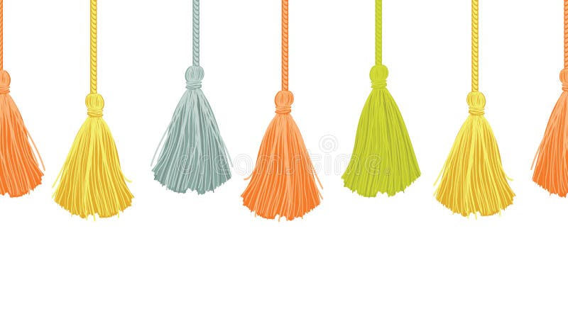 Vector Long Hanging Decorative Tassels Set With Ropes Horizontal Seamless Repeat Border Pattern. Great for handmade cards, invitations, wallpaper, packaging, nursery designs. Surface pattern design. Vector Long Hanging Decorative Tassels Set With Ropes Horizontal Seamless Repeat Border Pattern. Great for handmade cards, invitations, wallpaper, packaging, nursery designs. Surface pattern design.