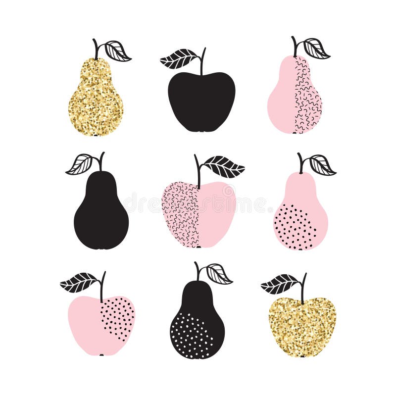 De vector met appelen wordt geplaatst en de peren in goud dat schitteren royalty-vrije illustratie De vector met appelen wordt geplaatst en de peren in goud dat schitteren royalty-vrije illustratie
