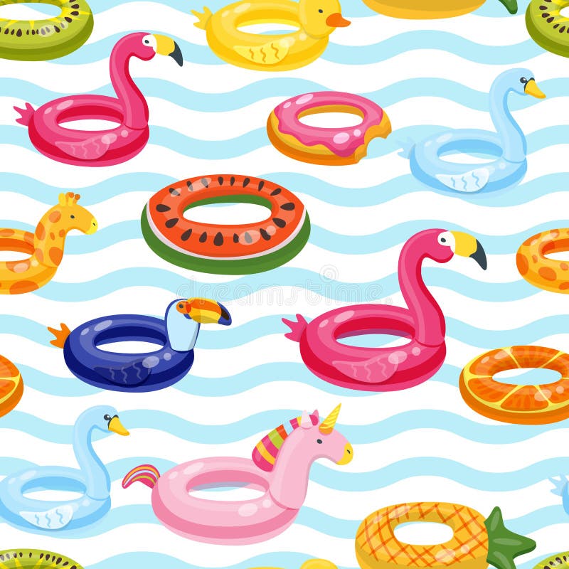 De vector naadloze zwembadvlotter belt patroon Veelkleurig opblaasbaar leuk jonge geitjesspeelgoed en gestreepte achtergrond royalty-vrije illustratie De vector naadloze zwembadvlotter belt patroon Veelkleurig opblaasbaar leuk jonge geitjesspeelgoed en gestreepte achtergrond royalty-vrije illustratie