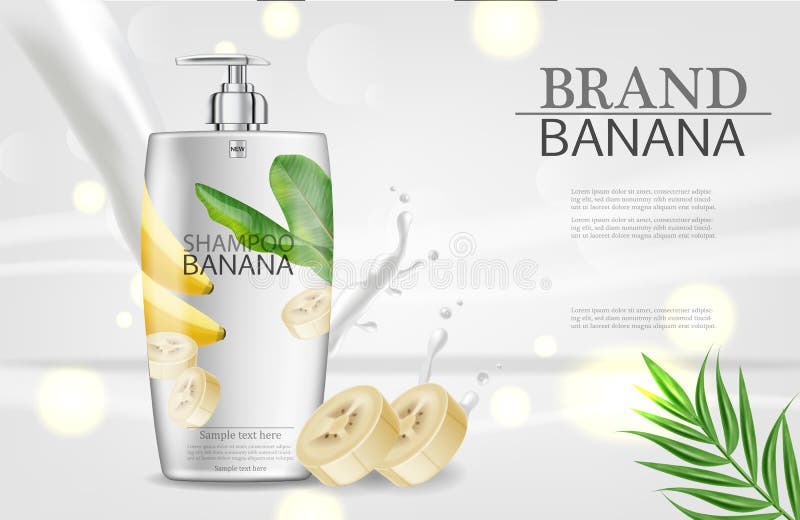 De Vector realistische spot van de banaanshampoo omhoog Witte flessenschoonheidsmiddelen Het etiketontwerp van de productplaatsin vector illustratie De Vector realistische spot van de banaanshampoo omhoog Witte flessenschoonheidsmiddelen Het etiketontwerp van de productplaatsin vector illustratie
