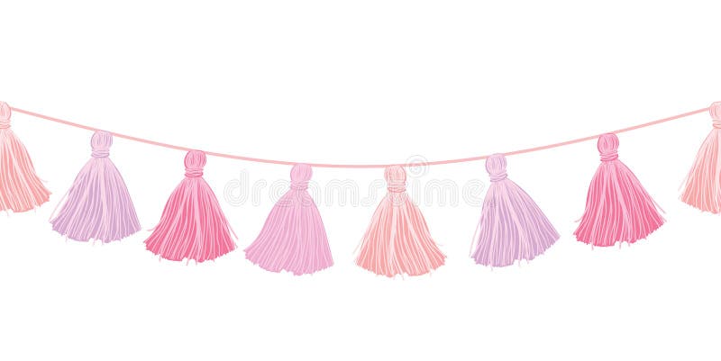 Vector Baby Girl Pink Hanging Decorative Tassels With Ropes Horizontal Seamless Repeat Border Pattern. Great for handmade cards, invitations, wallpaper, packaging, nursery designs. Surface pattern design. Vector Baby Girl Pink Hanging Decorative Tassels With Ropes Horizontal Seamless Repeat Border Pattern. Great for handmade cards, invitations, wallpaper, packaging, nursery designs. Surface pattern design.