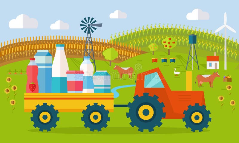 De Vector van het het Landbouwbedrijfconcept van melkeco in Vlak Stijlontwerp royalty-vrije illustratie