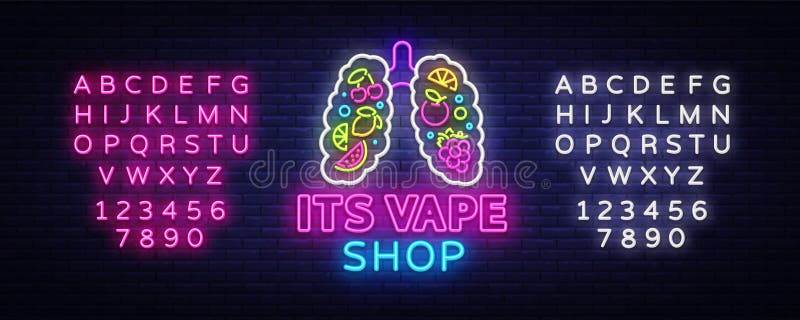 De vector van het het neonteken van de Vapewinkel Vapingsopslag Logo Emblem Neon, Zijn Vape-Winkelconcept met Longen en Vruchten, stock illustratie De vector van het het neonteken van de Vapewinkel Vapingsopslag Logo Emblem Neon, Zijn Vape-Winkelconcept met Longen en Vruchten, stock illustratie