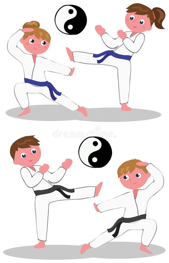 Karate boys and girls with blue and black belt, vector illustration. Karate boys and girls with blue and black belt, vector illustration