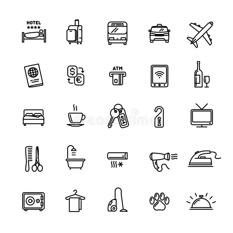 De vector verwante reeks van de hoteldiensten van 25 lichte overzichtspictogrammen royalty-vrije illustratie De vector verwante reeks van de hoteldiensten van 25 lichte overzichtspictogrammen royalty-vrije illustratie