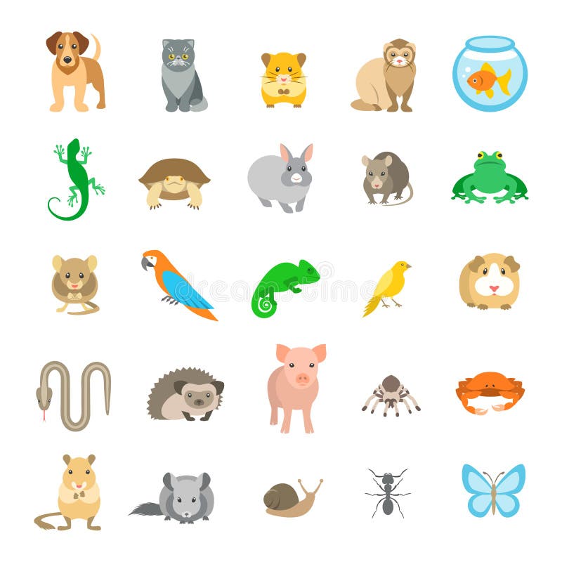 De vector vlakke kleurrijke die pictogrammen van dierenhuisdieren op wit worden geplaatst De vector vlakke kleurrijke die pictogrammen van dierenhuisdieren op wit worden geplaatst