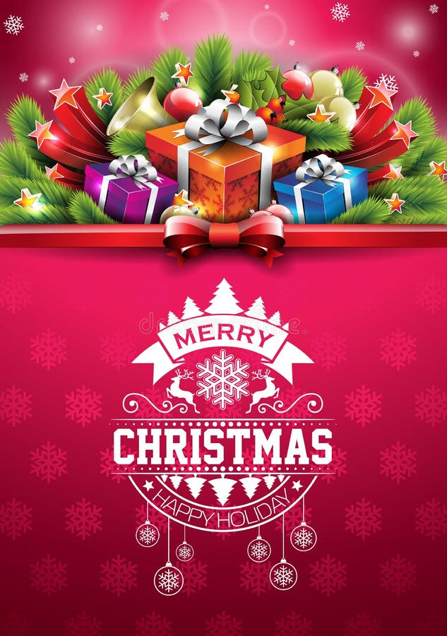 De vector Vrolijke illustratie van de Kerstmis Gelukkige Vakantie met typografische ontwerp en giftdoos op de rode achtergrond va vector illustratie De vector Vrolijke illustratie van de Kerstmis Gelukkige Vakantie met typografische ontwerp en giftdoos op de rode achtergrond va vector illustratie