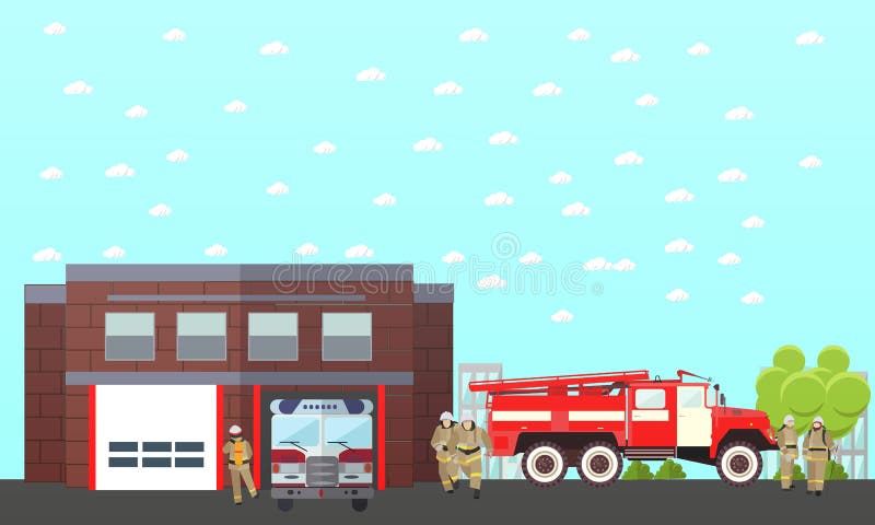 De vectorbanner van de brandbestrijdingsafdeling Post en brandbestrijders Vrachtwagen, de bouw stock illustratie De vectorbanner van de brandbestrijdingsafdeling Post en brandbestrijders Vrachtwagen, de bouw stock illustratie