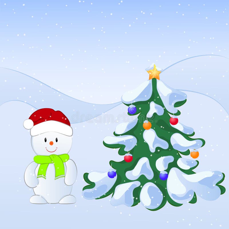 De vectorbeeldverhaalillustratie van een de winterscène met een leuke sneeuwman en een sneeuw behandelde spar Nieuwe jaarillustra vector illustratie De vectorbeeldverhaalillustratie van een de winterscène met een leuke sneeuwman en een sneeuw behandelde spar Nieuwe jaarillustra vector illustratie