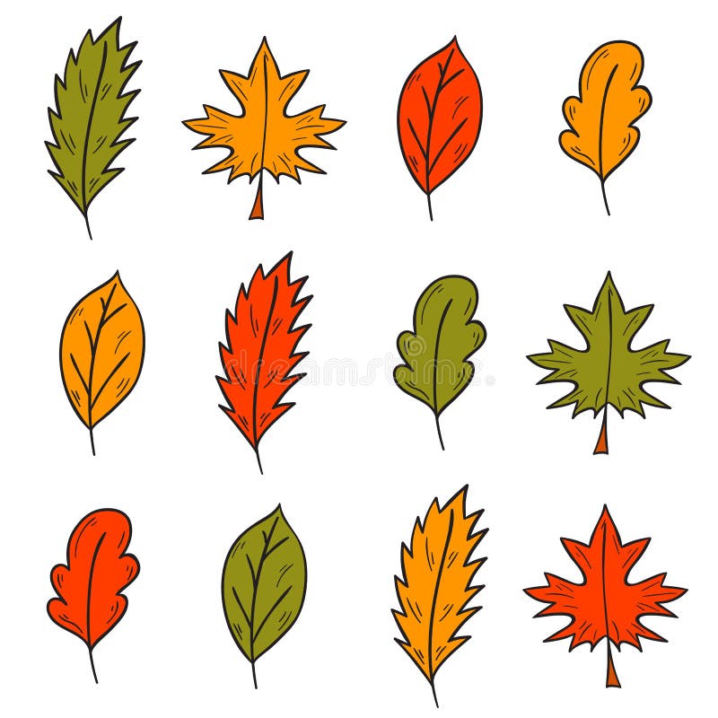 De vectorbladeren van de beeldverhaalhand getrokken kleurrijke herfst stock illustratie De vectorbladeren van de beeldverhaalhand getrokken kleurrijke herfst stock illustratie