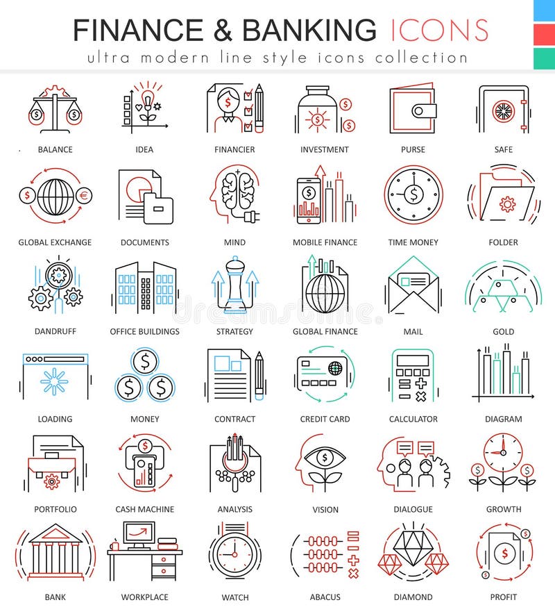 De vectorfinanciën en bankwezen ultra moderne kleur schetst lijnpictogrammen voor apps en Webontwerp Geplaatste de pictogrammen v