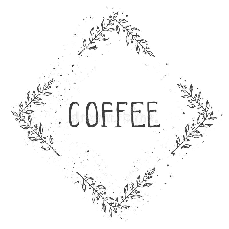 De vectorhand getrokken illustratie van tekstkoffie en het bloemen romboïdale kader met grunge inkten textuur royalty-vrije illustratie De vectorhand getrokken illustratie van tekstkoffie en het bloemen romboïdale kader met grunge inkten textuur royalty-vrije illustratie