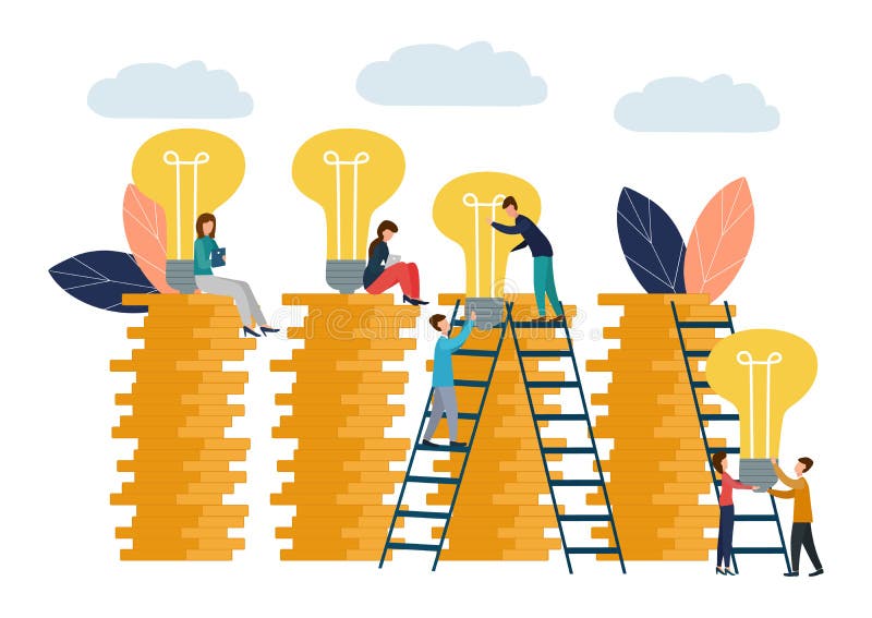 De vectorillustratie, bedrijfsconcept voor groepswerk, kleine mensen heft gloeilampen op kolommen van geld op Zoeken voor nieuwe royalty-vrije illustratie De vectorillustratie, bedrijfsconcept voor groepswerk, kleine mensen heft gloeilampen op kolommen van geld op Zoeken voor nieuwe royalty-vrije illustratie
