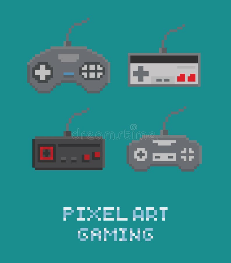 Vector pixel art illustratie - set retro gamepads vector illustratie